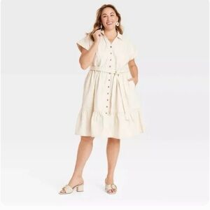 Ava & Viv Women's Short Sleeve Denim Tiered Midi Dress Off-White Size 1X